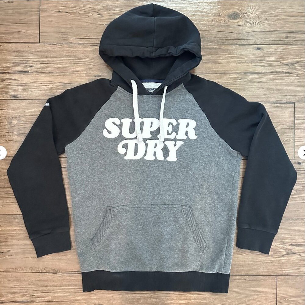 Superdry Logo Pullover Hoodie Gray Black Cotton Blend Sweatshirt‎ Size L